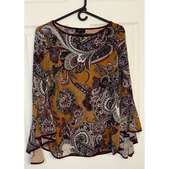 MSK Women’s Bohemian Round Neck Paisley Long Bell Sleeve Top Size Medium Boho - Picture 1 of 6